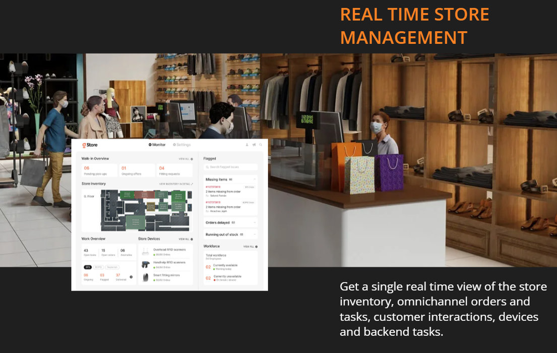 REAL TIME STORE MANAGEMENT Get a single real time view of the store inventory, omnichannel orders and tasks, customer interactions, devices and backend tasks.